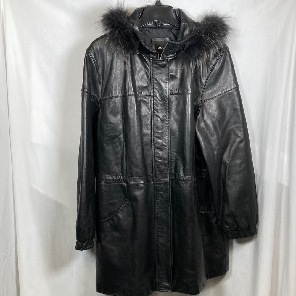 JLC New York XL Womens “Soft Black” 100% Leather Coat Raccoon Trim Hood